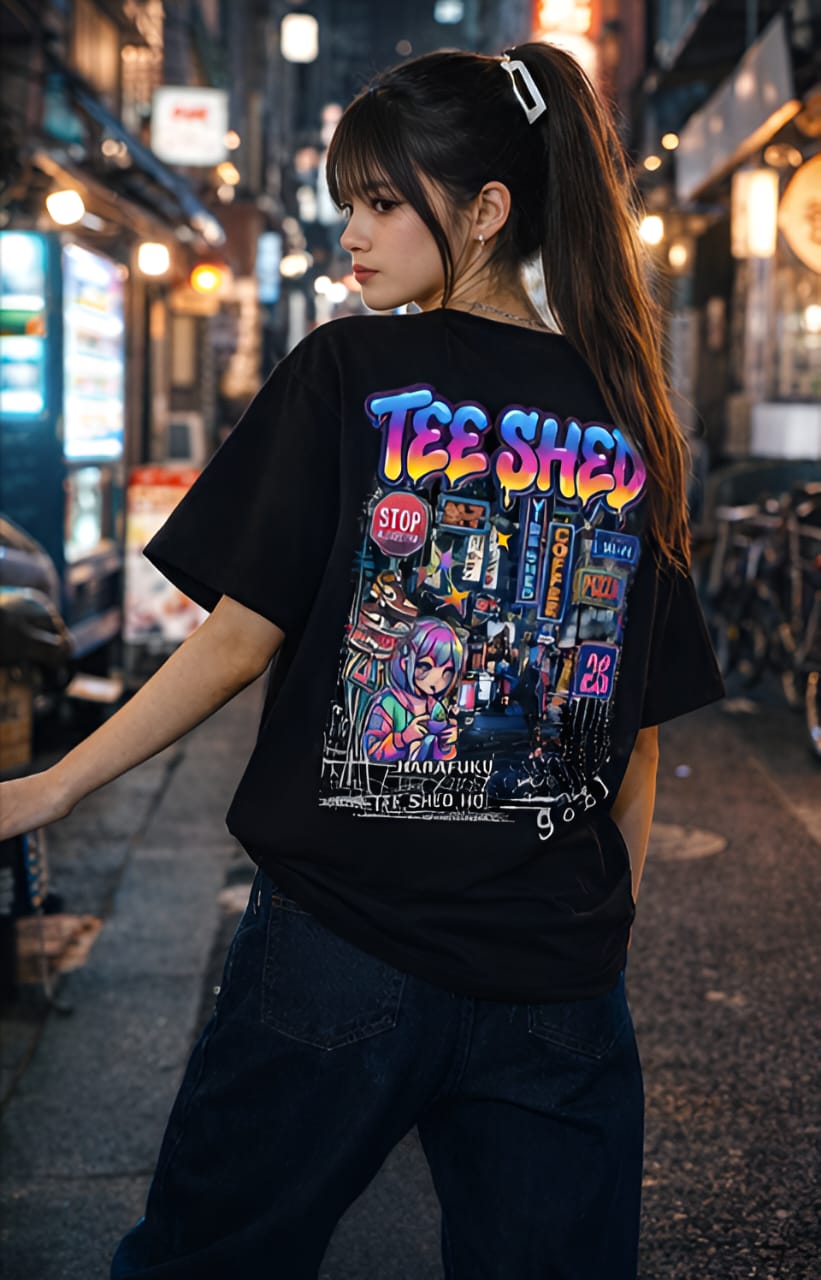 Tee Shed Neon Tokyo Oversized T-Shirt – Black Edition